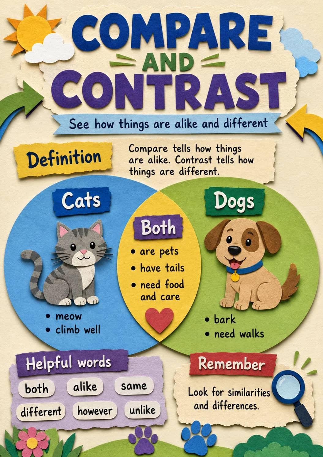 Compare and Contrast infographic poster showing See how things are alike and different, Compare tells how things are alike. Contrast tells...