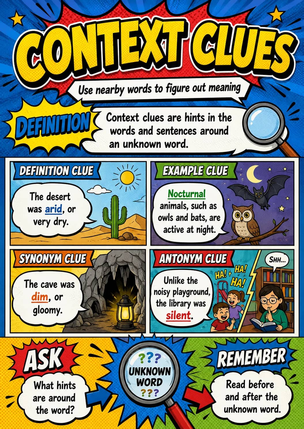Context Clues infographic poster showing Use nearby words to figure out meaning, Context clues are hints in the words and sentences around...