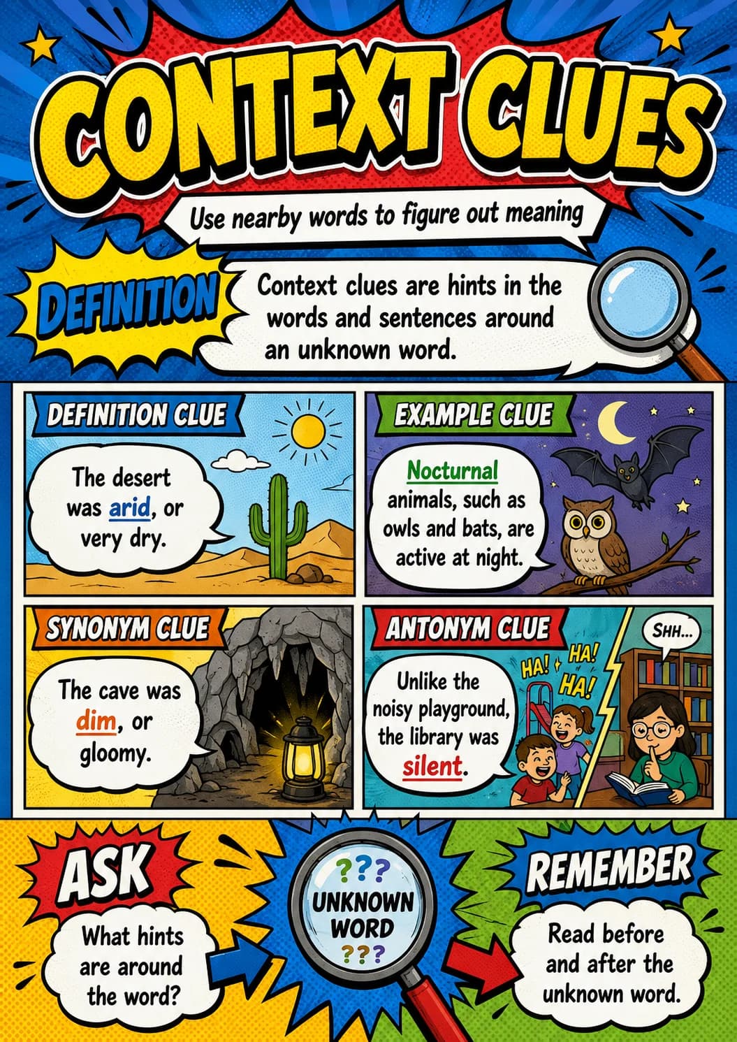 Context Clues infographic poster with clear labels for Reading.