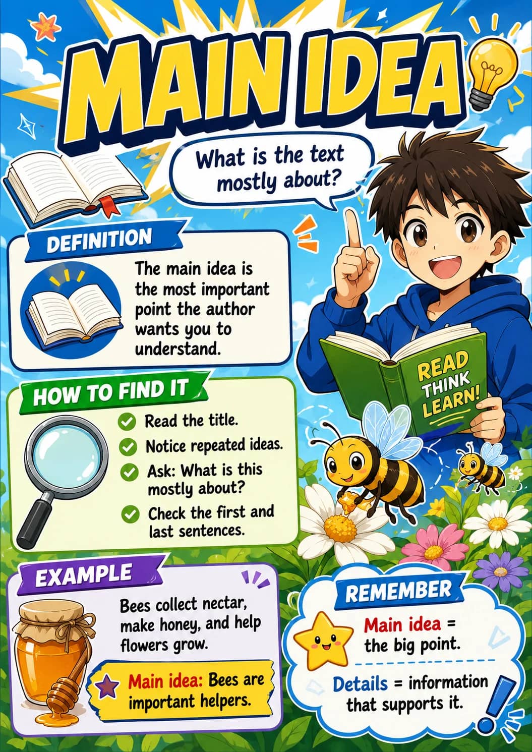 Main Idea infographic poster showing What is the text mostly about?, The main idea is the most important point the author wants you to...