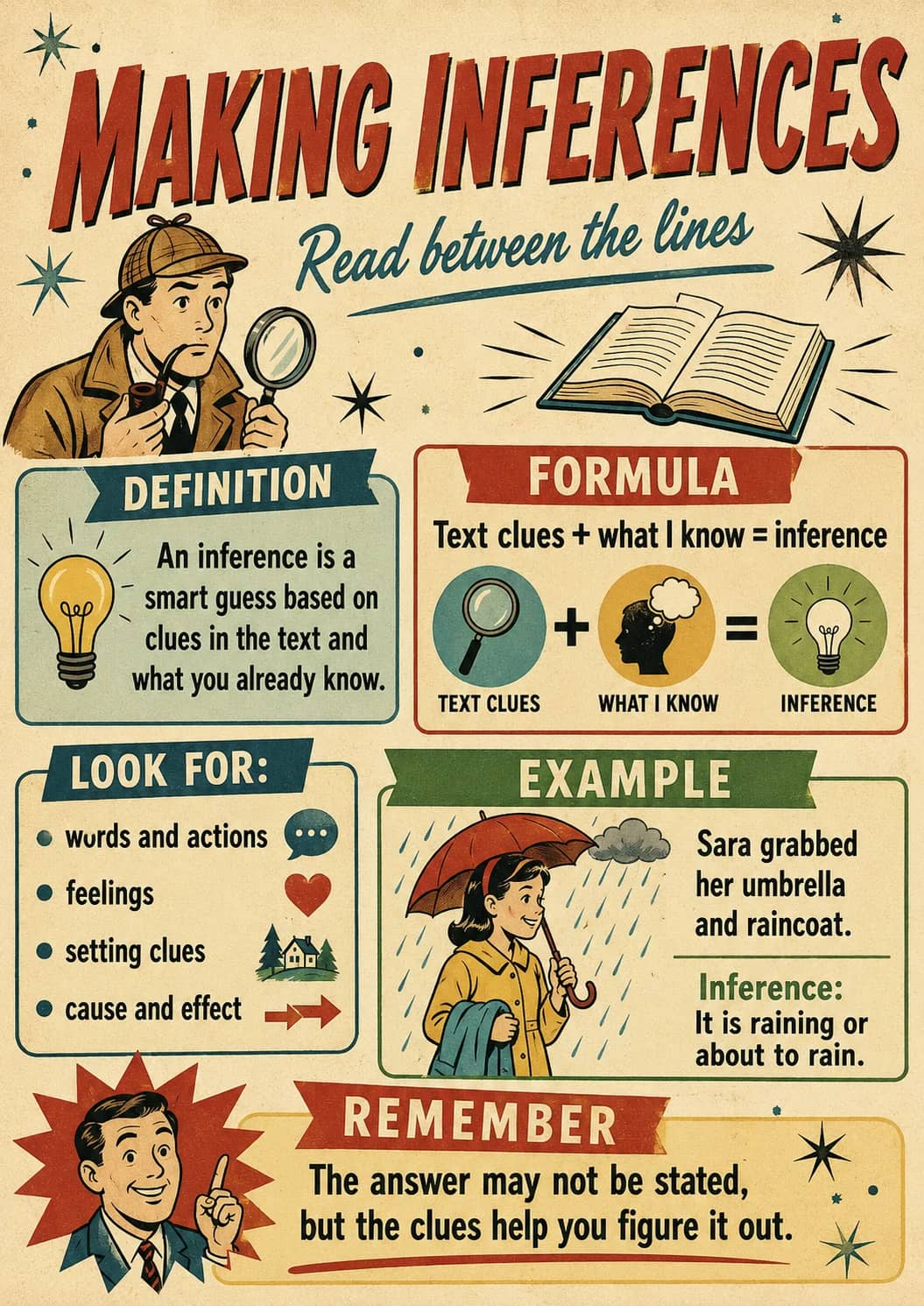 Making Inferences infographic poster showing Read between the lines, FORMULA, Text clues + what I know = inference, TEXT CLUES and WHAT I...