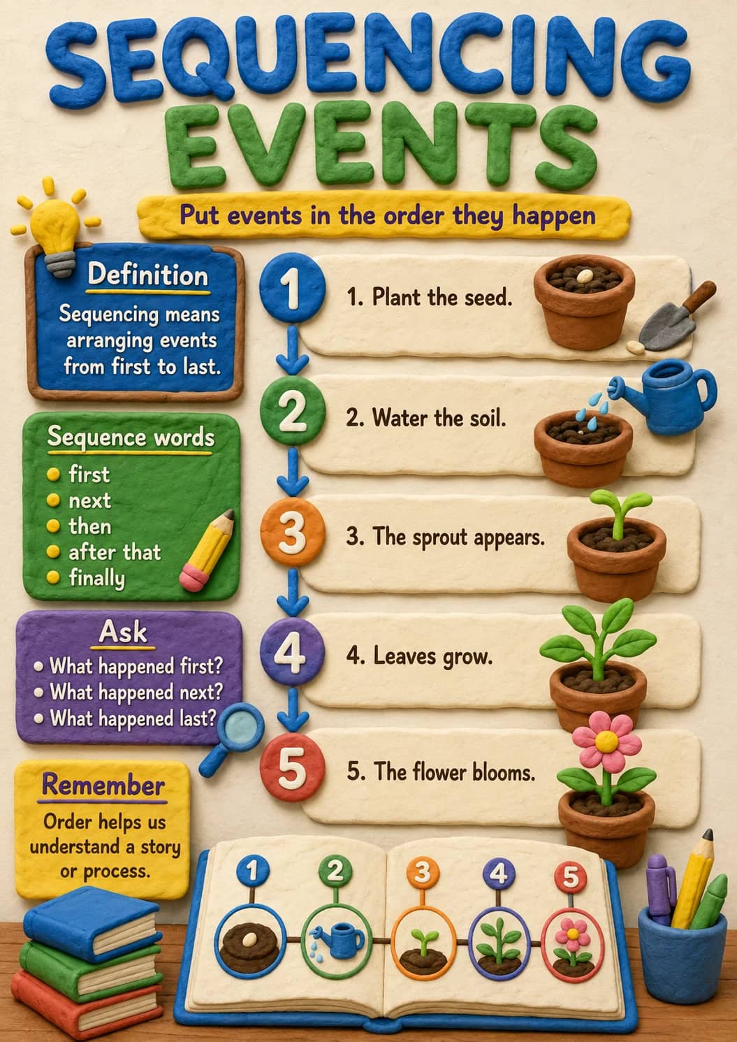 Sequencing Events infographic poster showing Put events in the order they happen, Sequencing means arranging events from first to last.,...