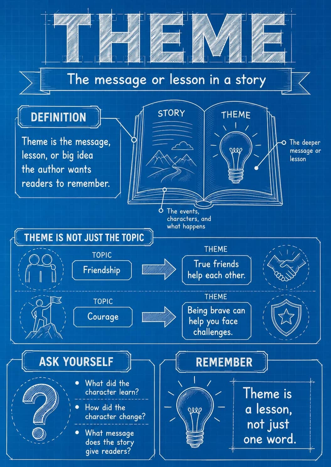 Theme infographic poster showing The message or lesson in a story, Theme is the message, lesson, or big idea the author wants readers to...
