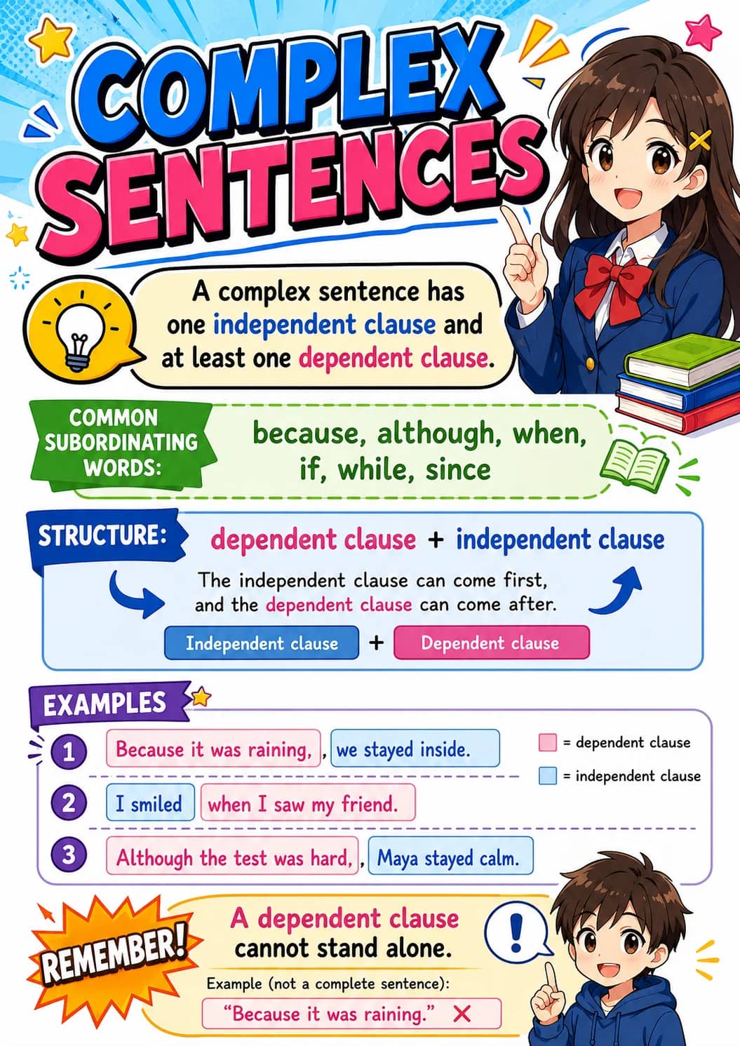 Complex Sentences infographic poster showing COMMON SUBORDINATING WORDS:, because, although, when, if, while, since, STRUCTURE:, dependent...