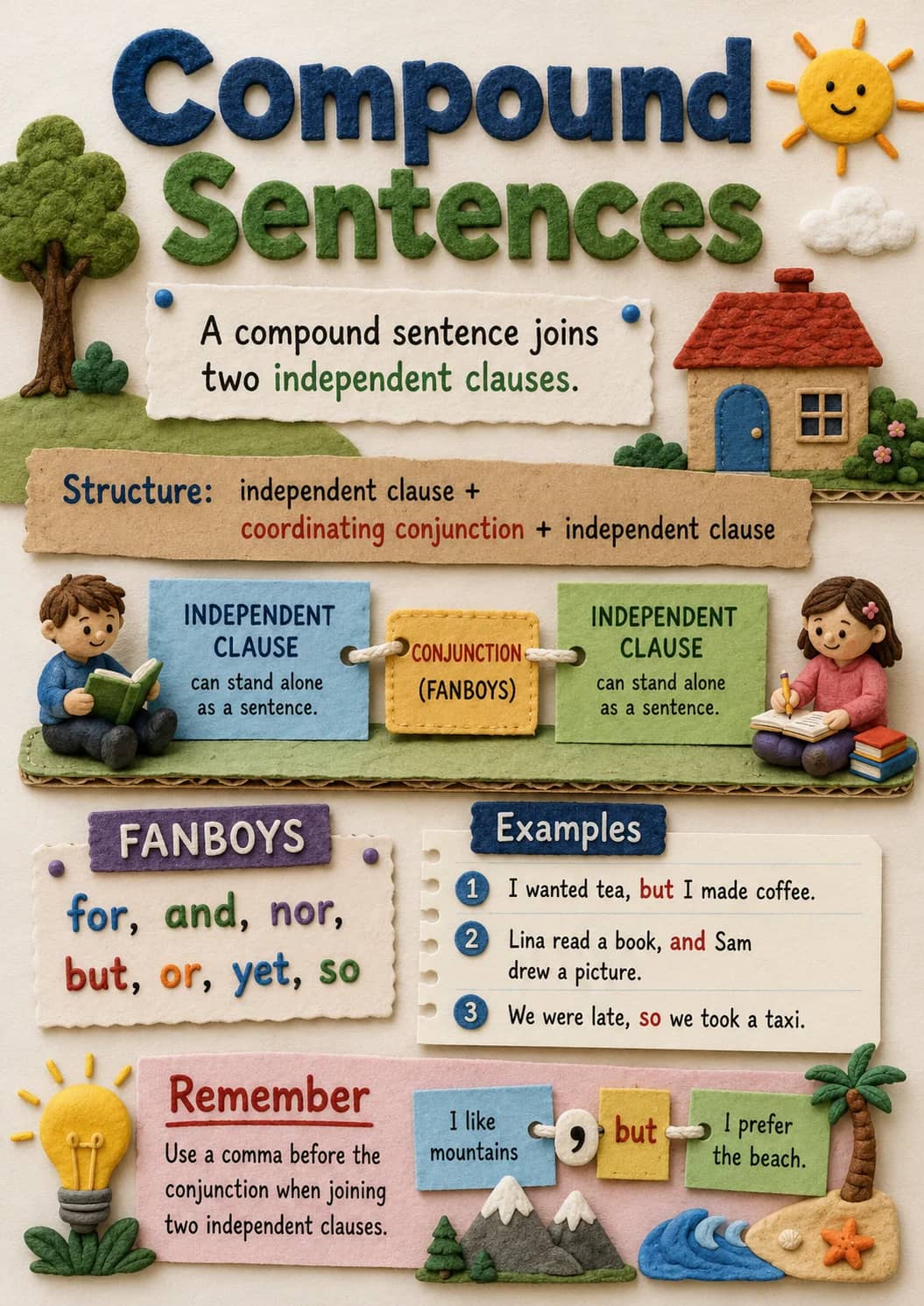 Compound Sentences infographic poster showing A compound sentence joins two independent clauses., Structure: independent clause +...