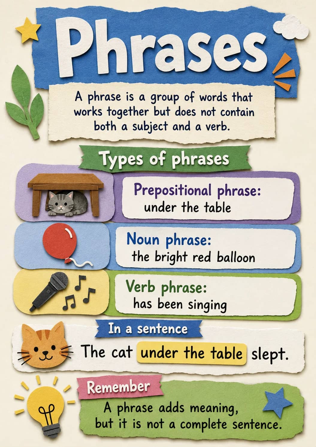 Phrases infographic poster showing Types of phrases, Prepositional phrase:, under the table, Noun phrase: and the bright red balloon for...