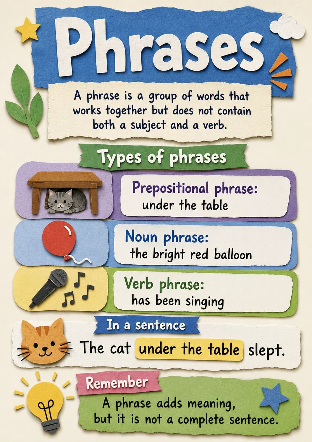 Phrases infographic poster with clear labels for Sentence Structure.
