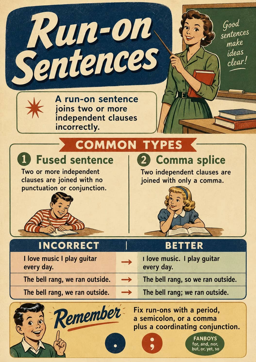 Run-on sentences infographic poster showing A run-on sentence joins two or more independent clauses incorrectly., COMMON TYPES, 1 Fused...
