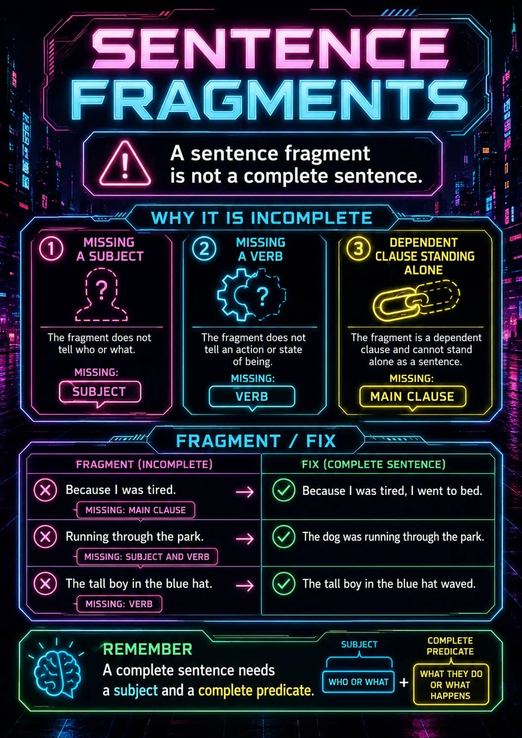 Sentence Fragments infographic poster showing A sentence fragment is not a complete sentence., WHY IT IS INCOMPLETE, MISSING A SUBJECT,...