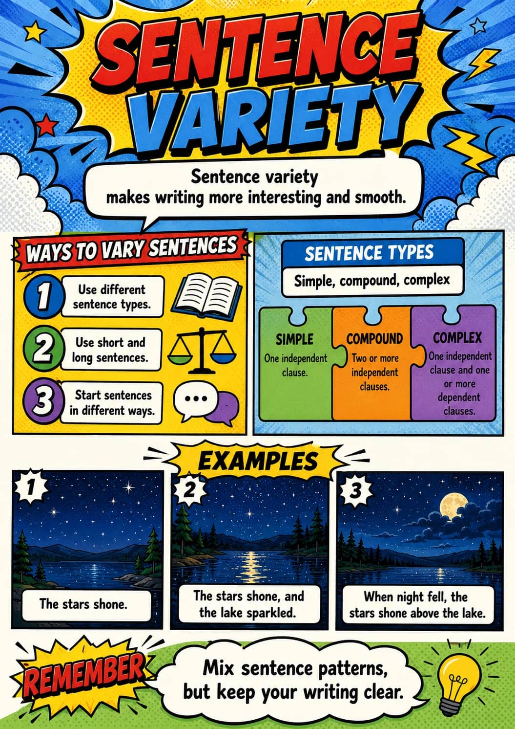 Sentence Variety infographic poster showing makes writing more interesting and smooth., WAYS TO VARY SENTENCES, Use different, sentence...