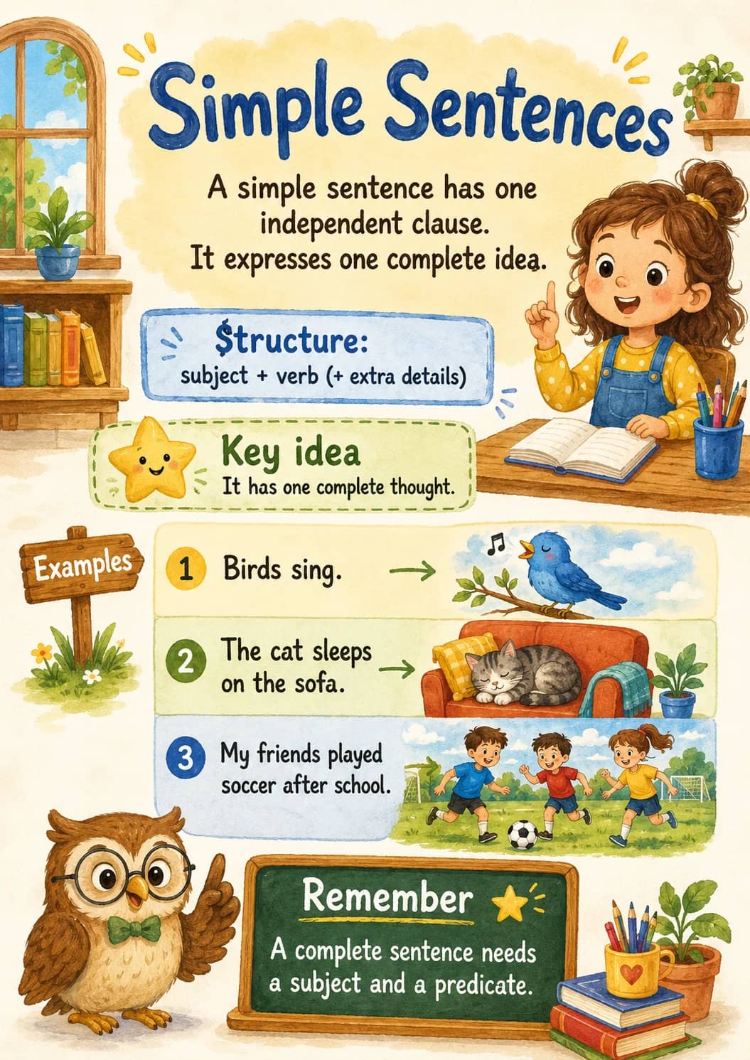 Simple Sentences infographic poster showing A simple sentence has one independent clause., It expresses one complete idea., Structure:,...