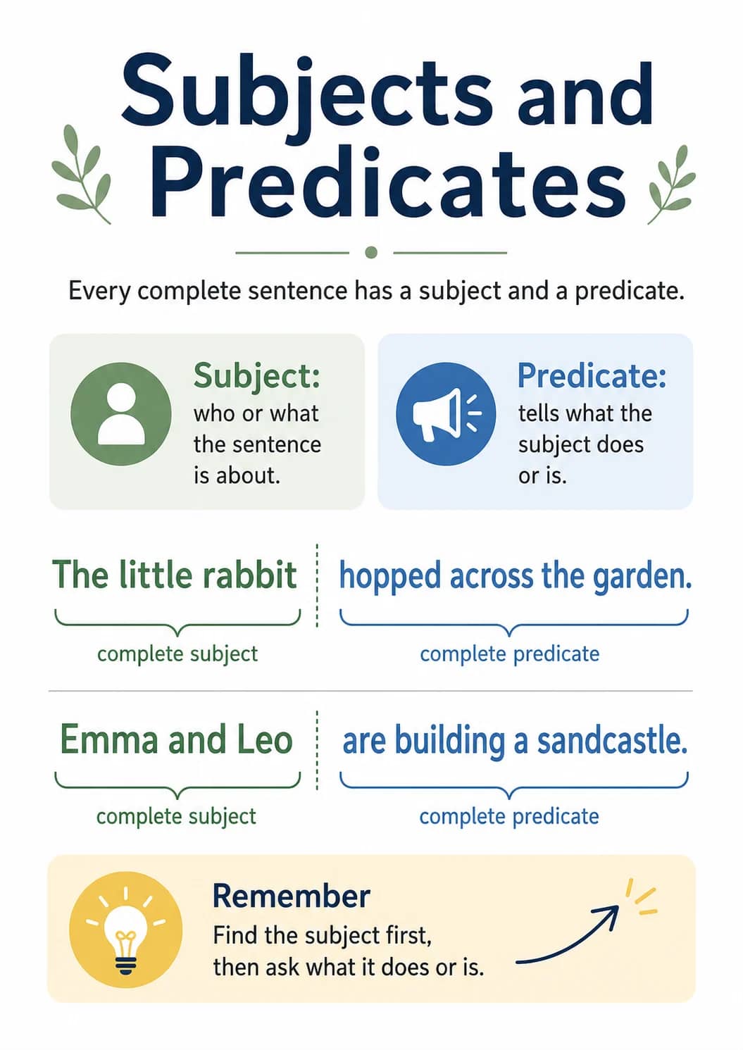 Subjects and Predicates infographic poster showing Every complete sentence has a subject and a predicate., Subject:, who or what, the...