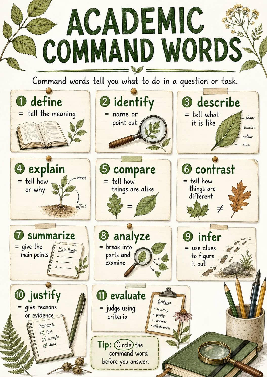 Academic infographic poster showing COMMAND WORDS, Command words tell you what to do in a question or task., 1 define, = tell the meaning...