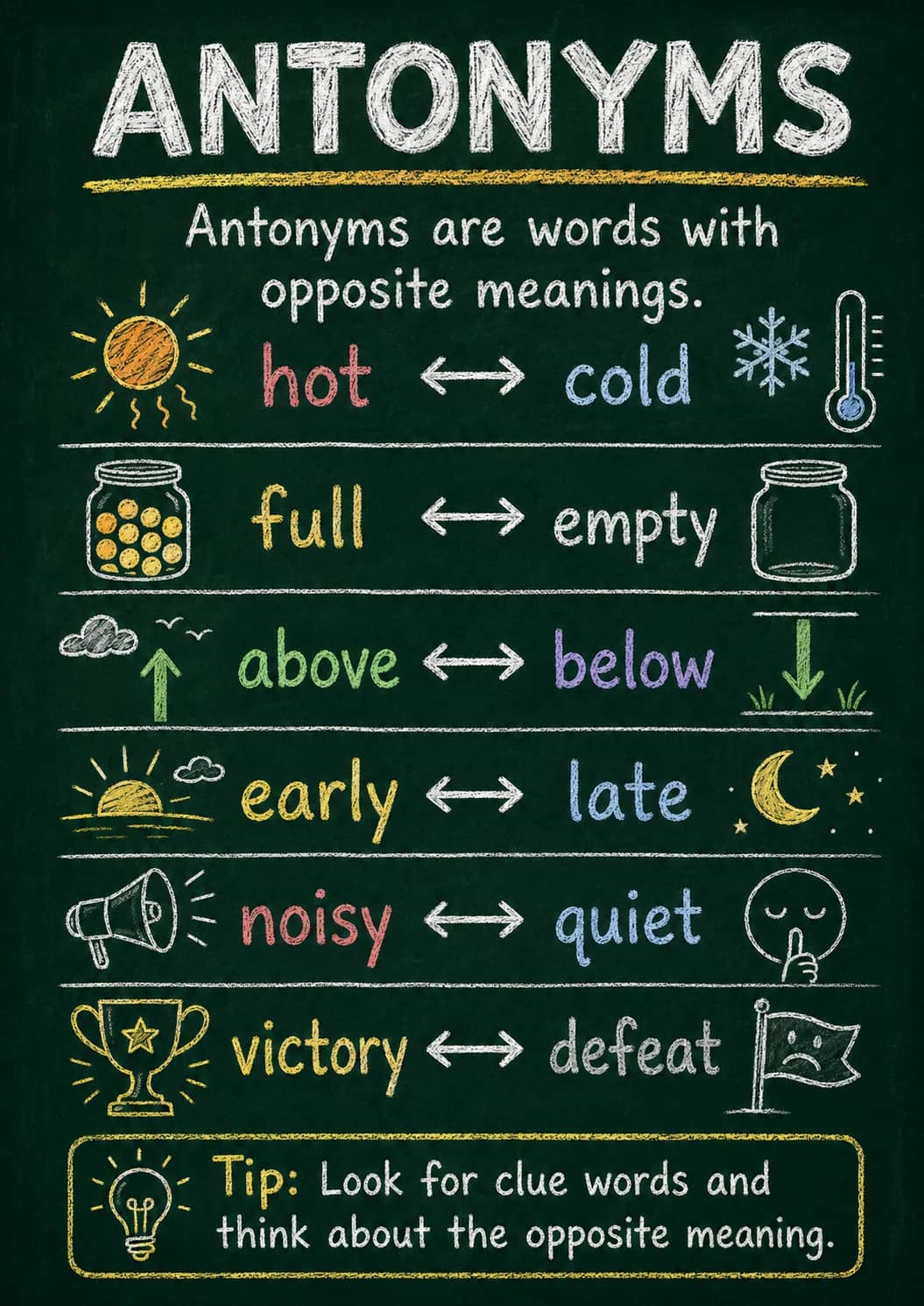 Antonyms infographic poster showing Antonyms are words with, opposite meanings., hot ↔ cold, full ↔ empty and above ↔ below for Vocabulary.