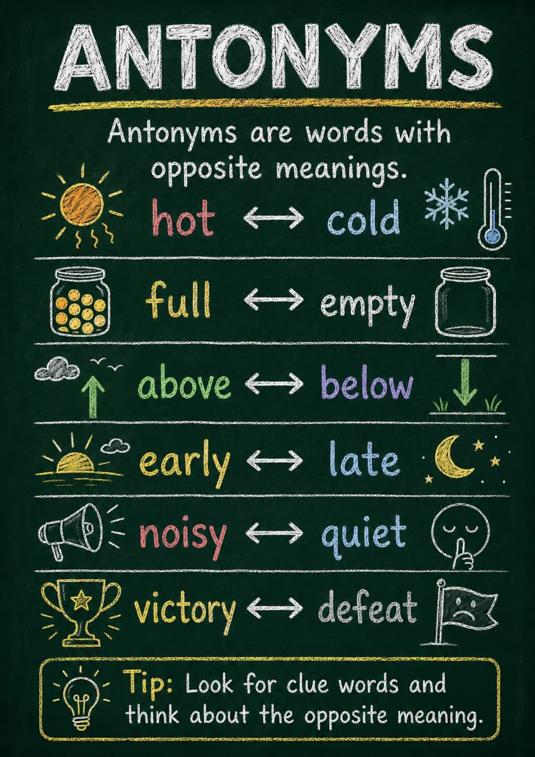 Antonyms infographic poster with clear labels for Vocabulary.