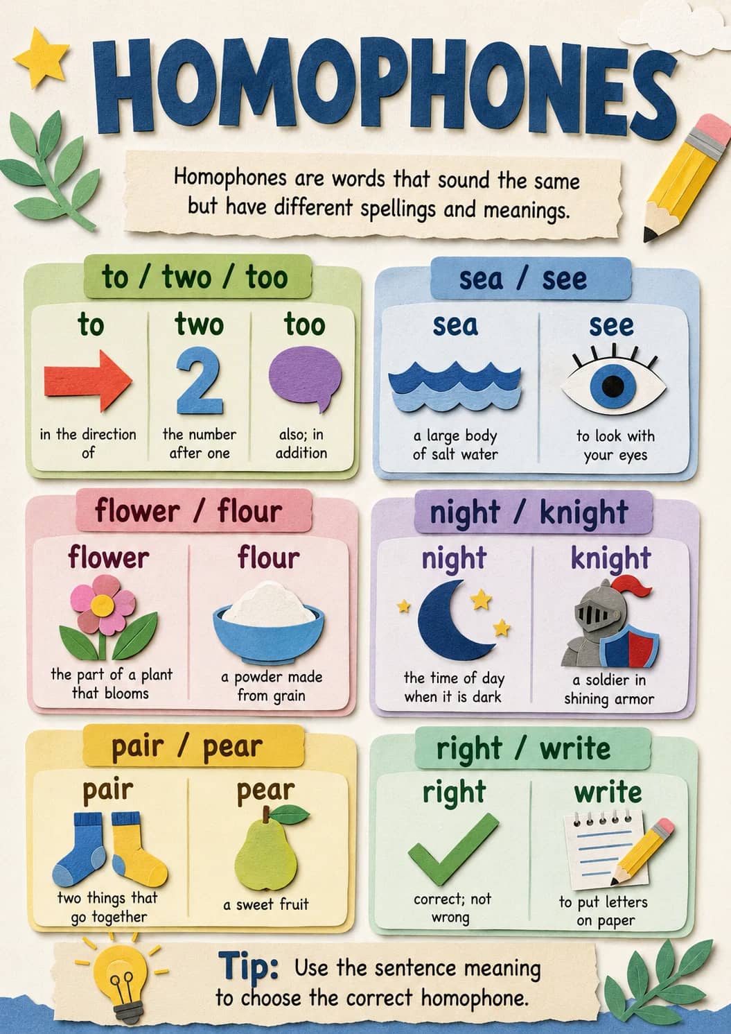 Homophones infographic poster showing to / two / too, to, in the direction of, two and the number after one for Vocabulary.