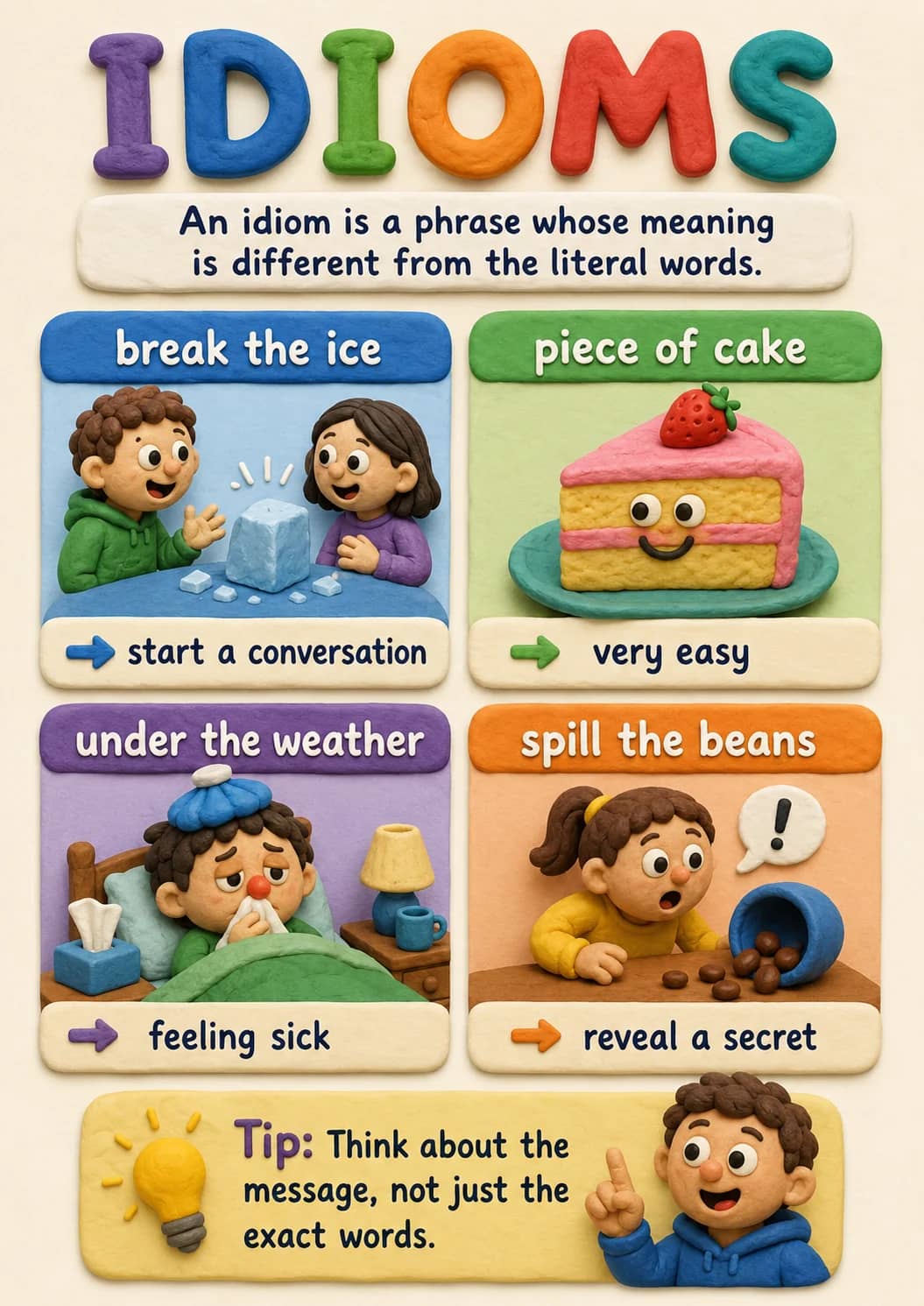 Idioms infographic poster showing An idiom is a phrase whose meaning is different from the literal words., break the ice, → start a...