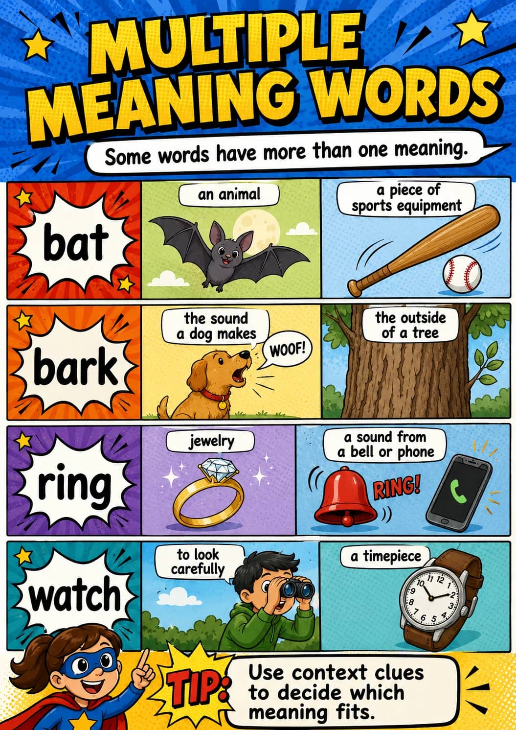 Multiple meaning words infographic poster showing Some words have more than one meaning., bat, an animal, a piece of sports equipment and...