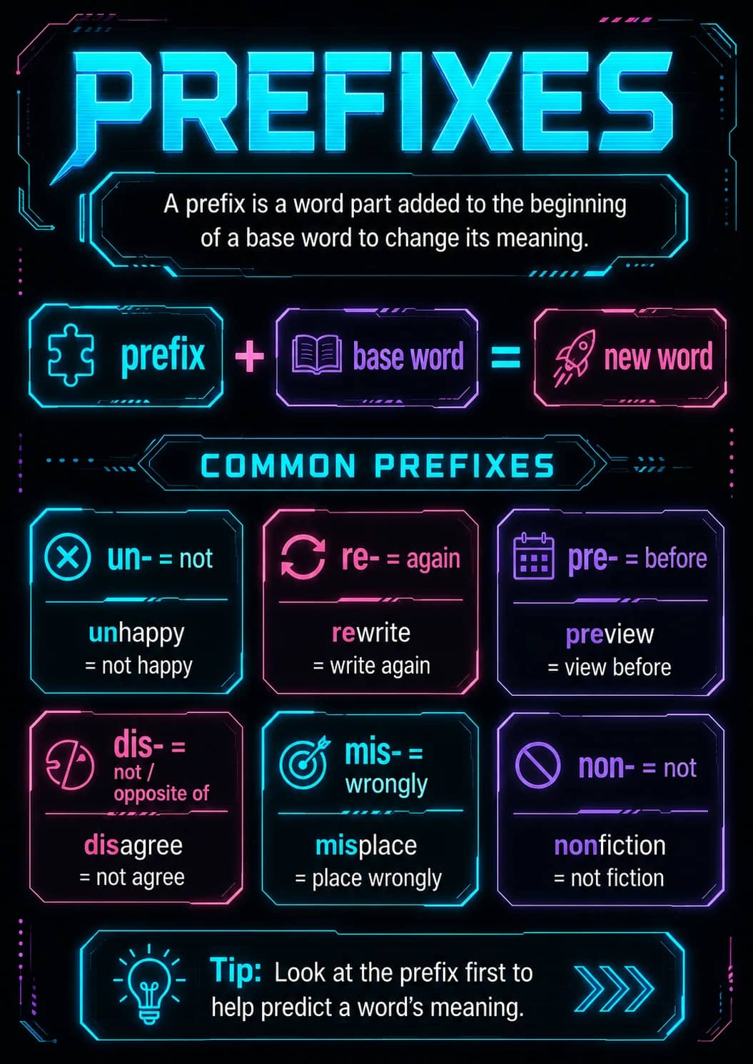 Prefixes infographic poster showing prefix, base word, new word, COMMON PREFIXES and un- = not for Vocabulary.