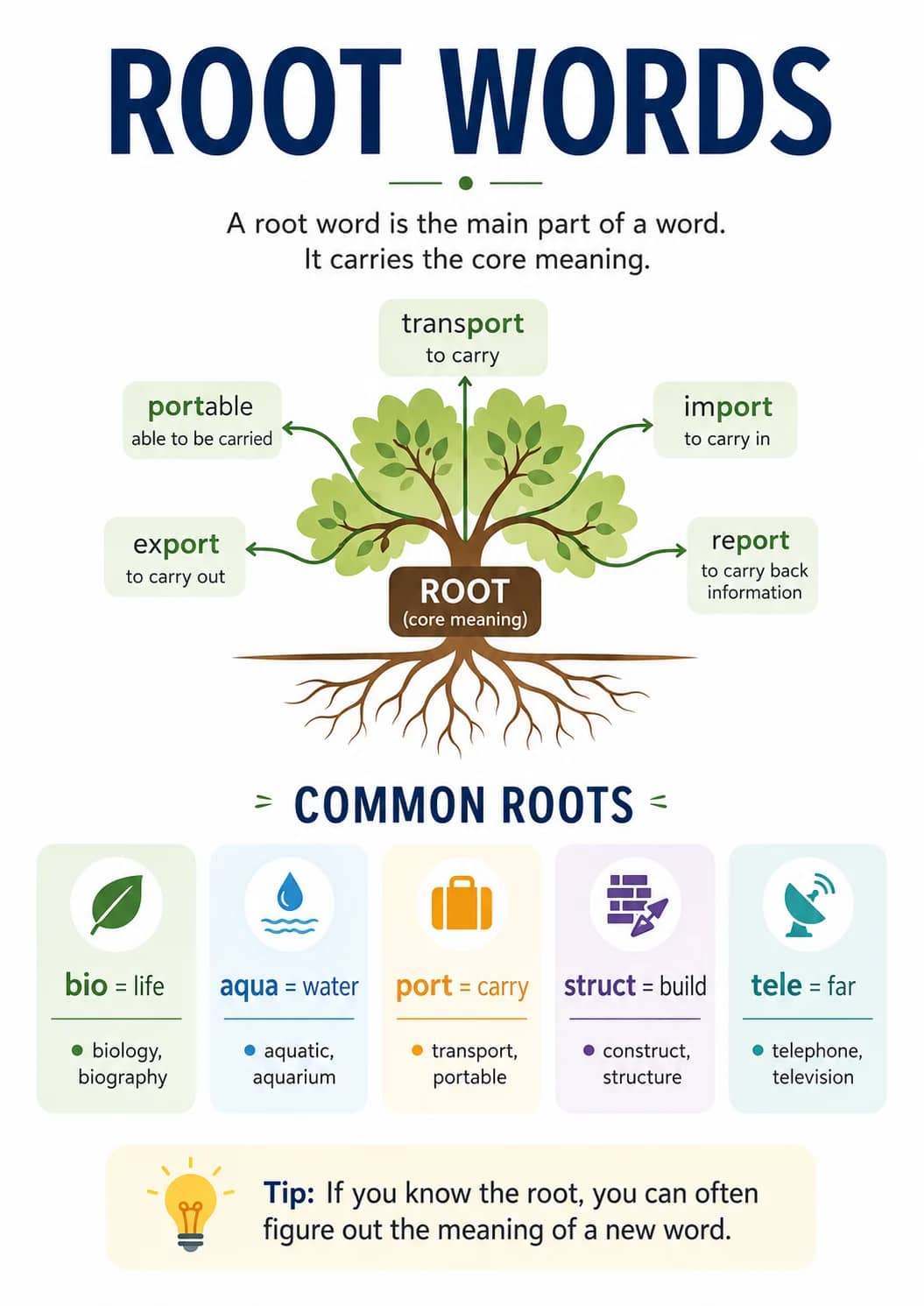 Root words infographic poster showing A root word is the main part of a word., It carries the core meaning., COMMON ROOTS <, bio = life...