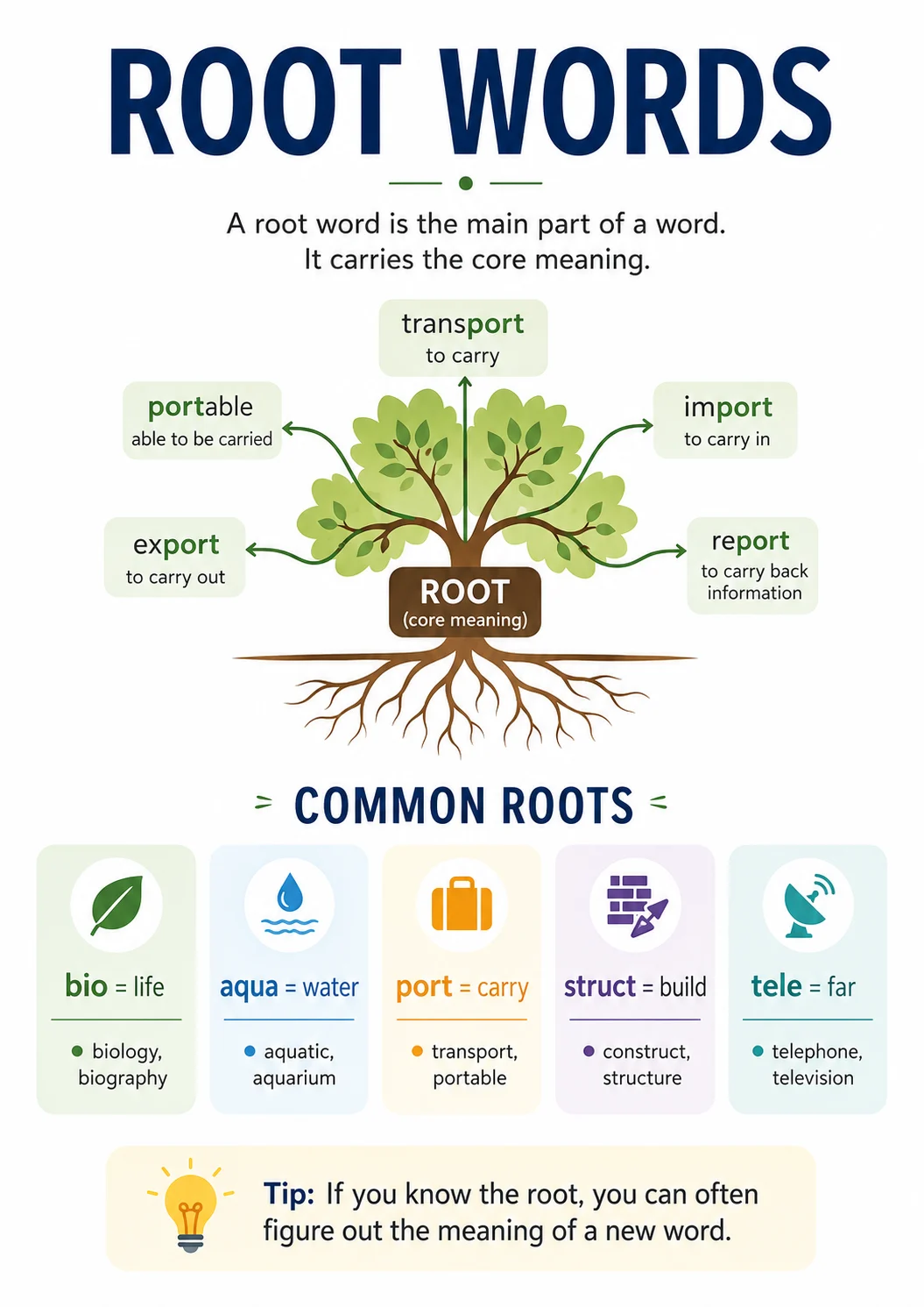 Root words infographic poster with clear labels for Vocabulary.