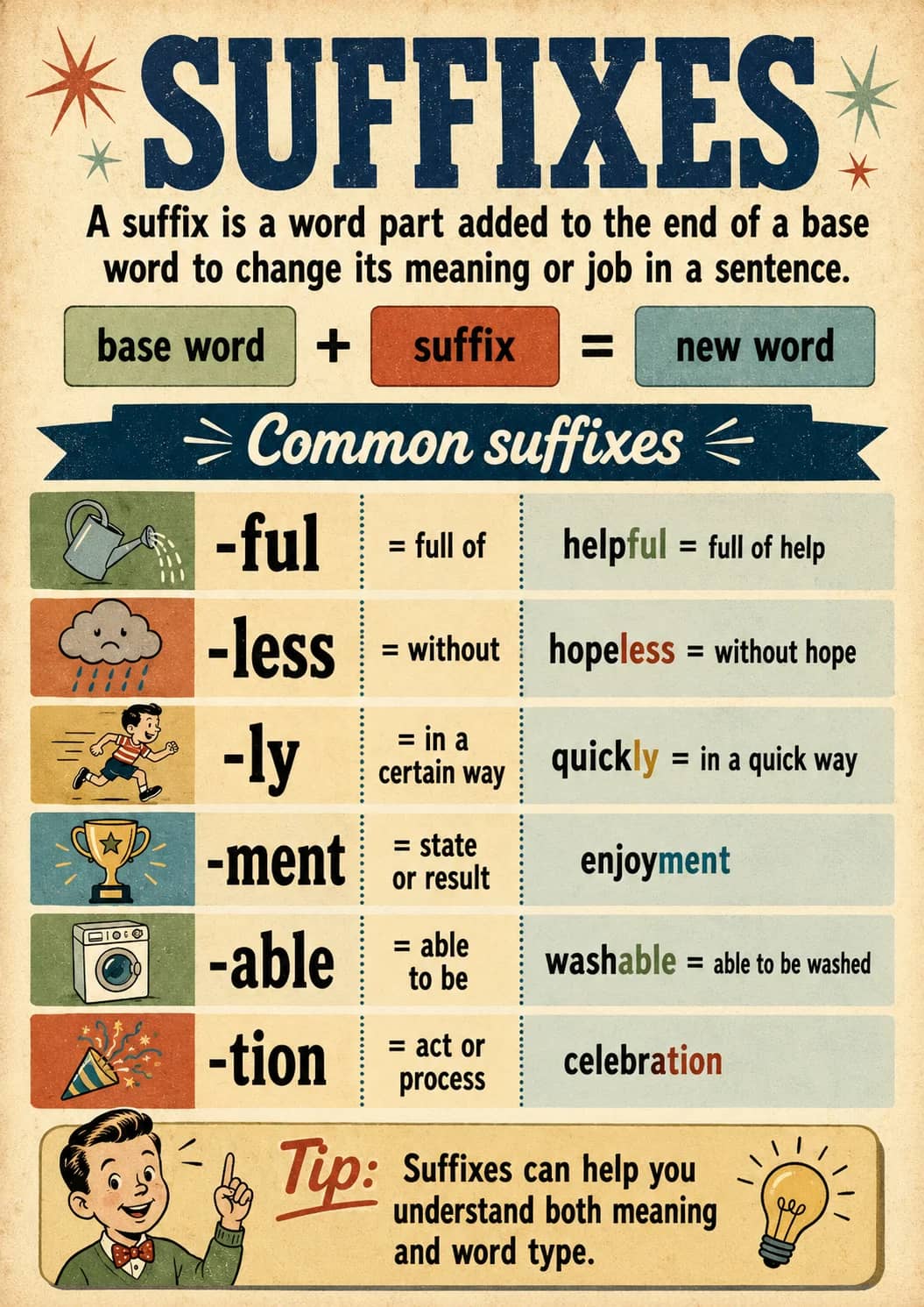 Suffixes infographic poster showing base word, suffix, new word, Common suffixes and -ful for Vocabulary.