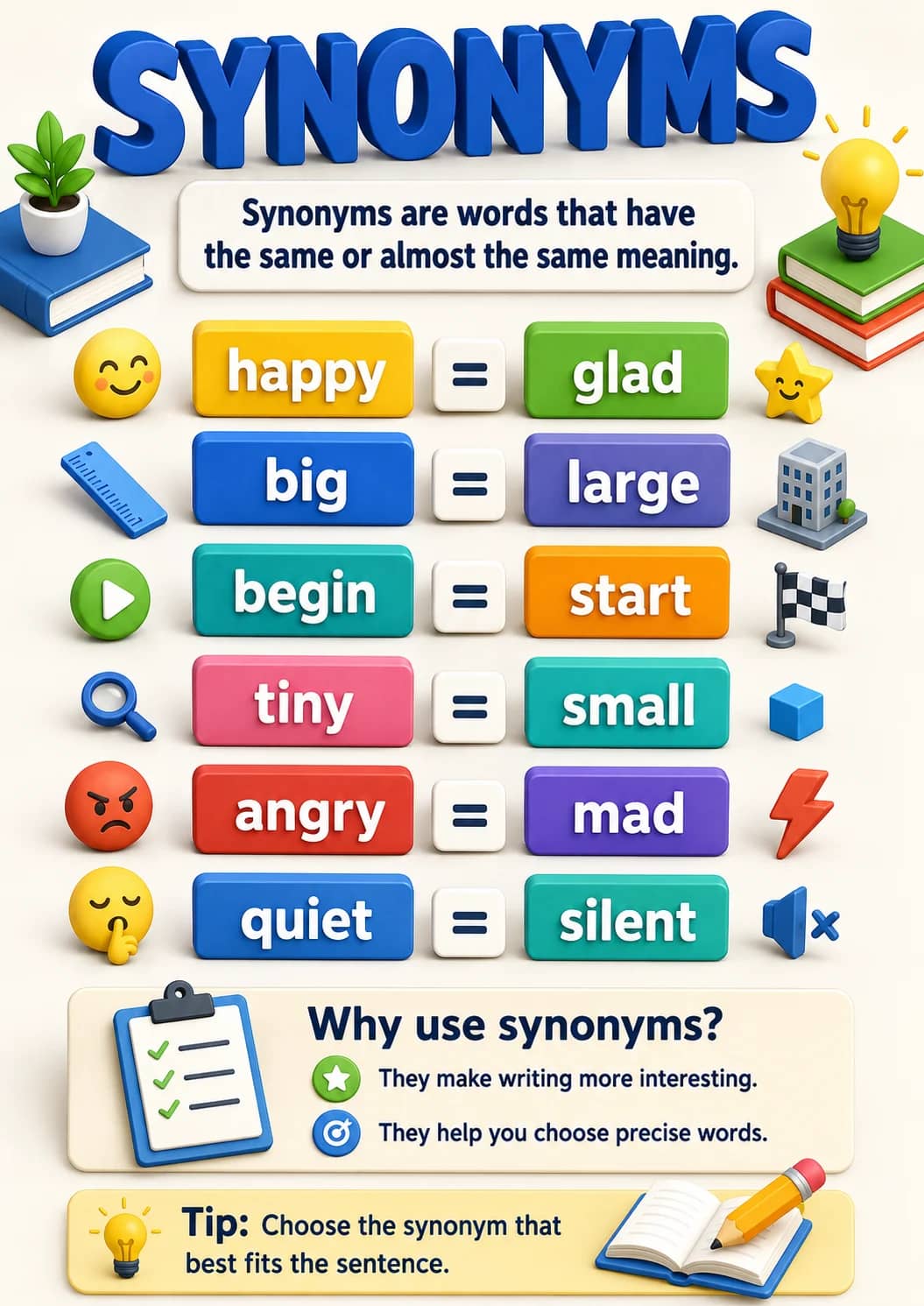 Synonyms infographic poster showing Synonyms are words that have the same or almost the same meaning., happy, glad, big and large for...