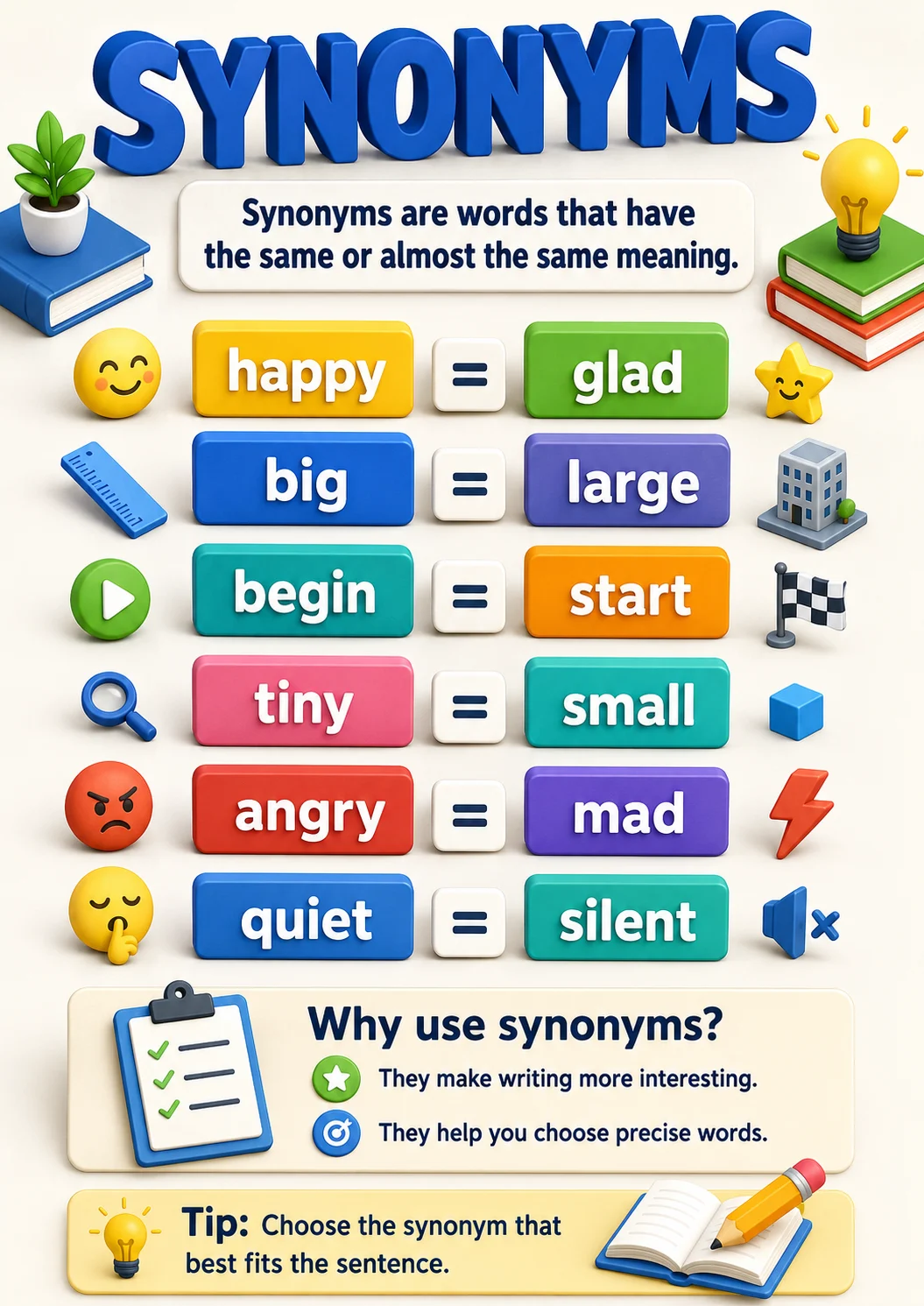 Synonyms infographic poster with clear labels for Vocabulary.