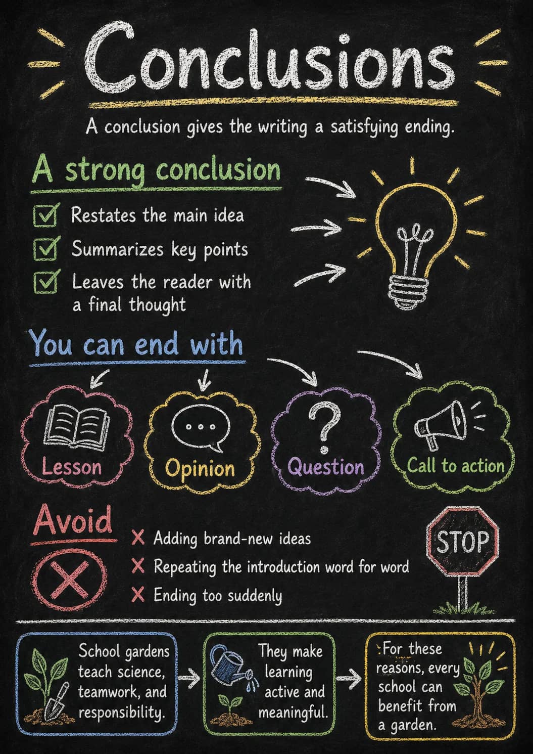 Conclusions infographic poster showing A conclusion gives the writing a satisfying ending., A strong conclusion, - ☑ Restates the main...
