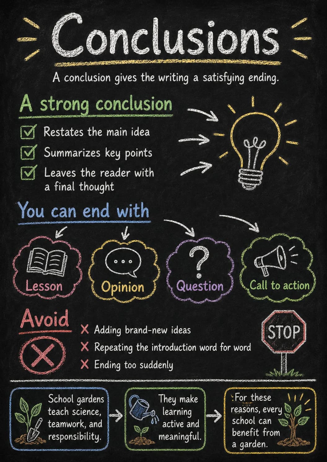 Conclusions infographic poster with clear labels for Writing.