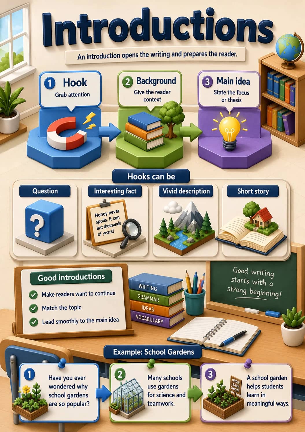 Introductions infographic poster showing An introduction opens the writing and prepares the reader., 1 Hook, Grab attention, 2 Background...