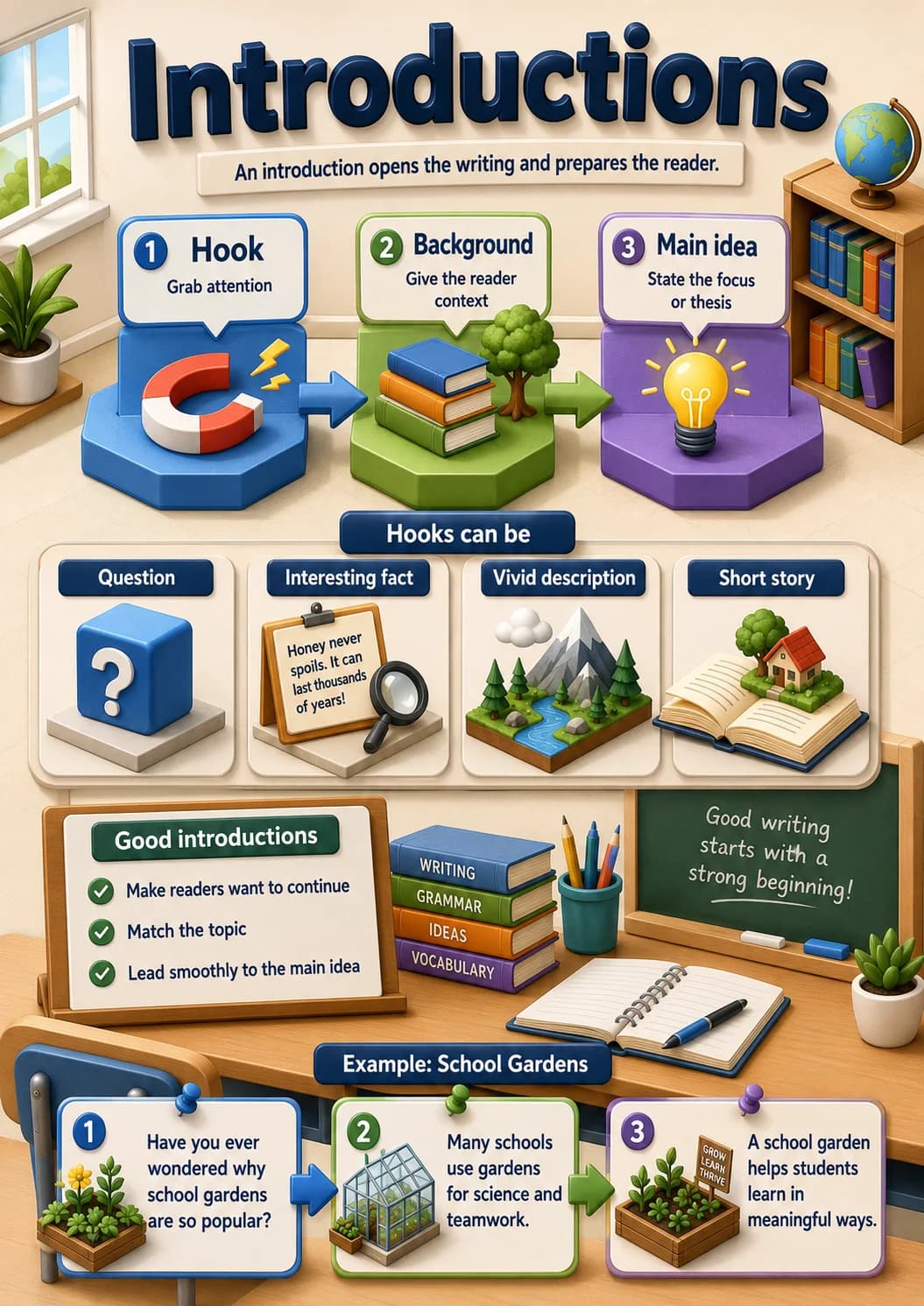 Introductions infographic poster with clear labels for Writing.