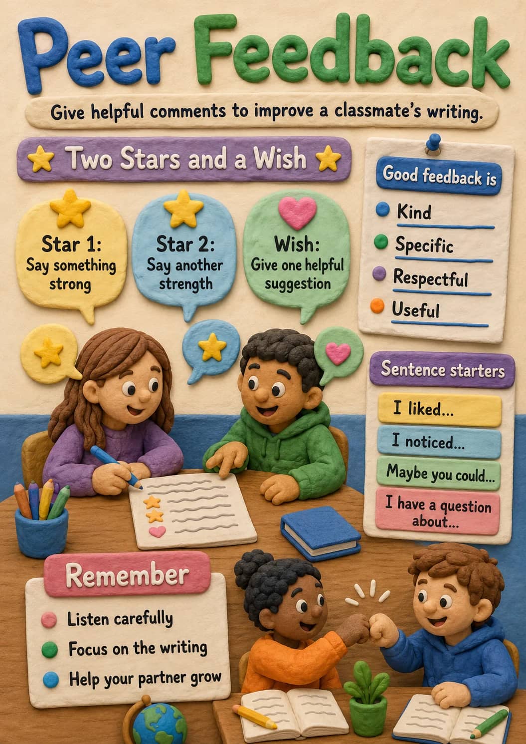 Peer Feedback infographic poster showing Give helpful comments to improve a classmate's writing., ★ Two Stars and a Wish ★, Star 1:, Say...