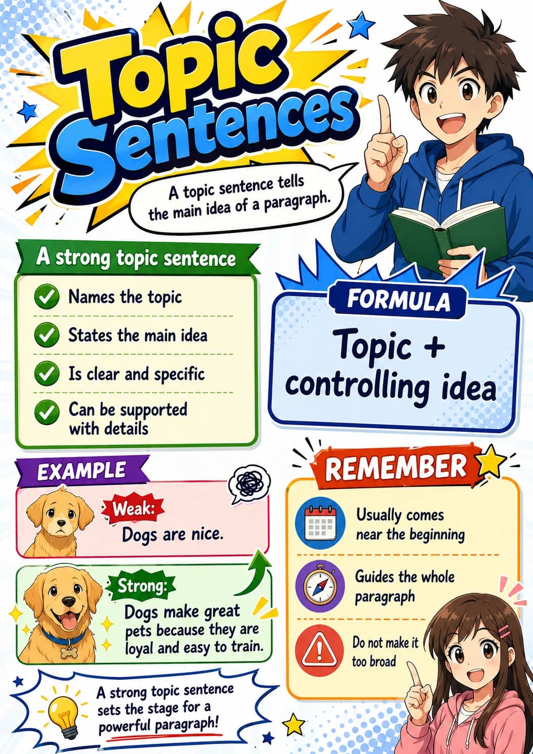 Topic Sentences infographic poster showing A topic sentence tells the main idea of a paragraph., A strong topic sentence, - ☑ Names the...