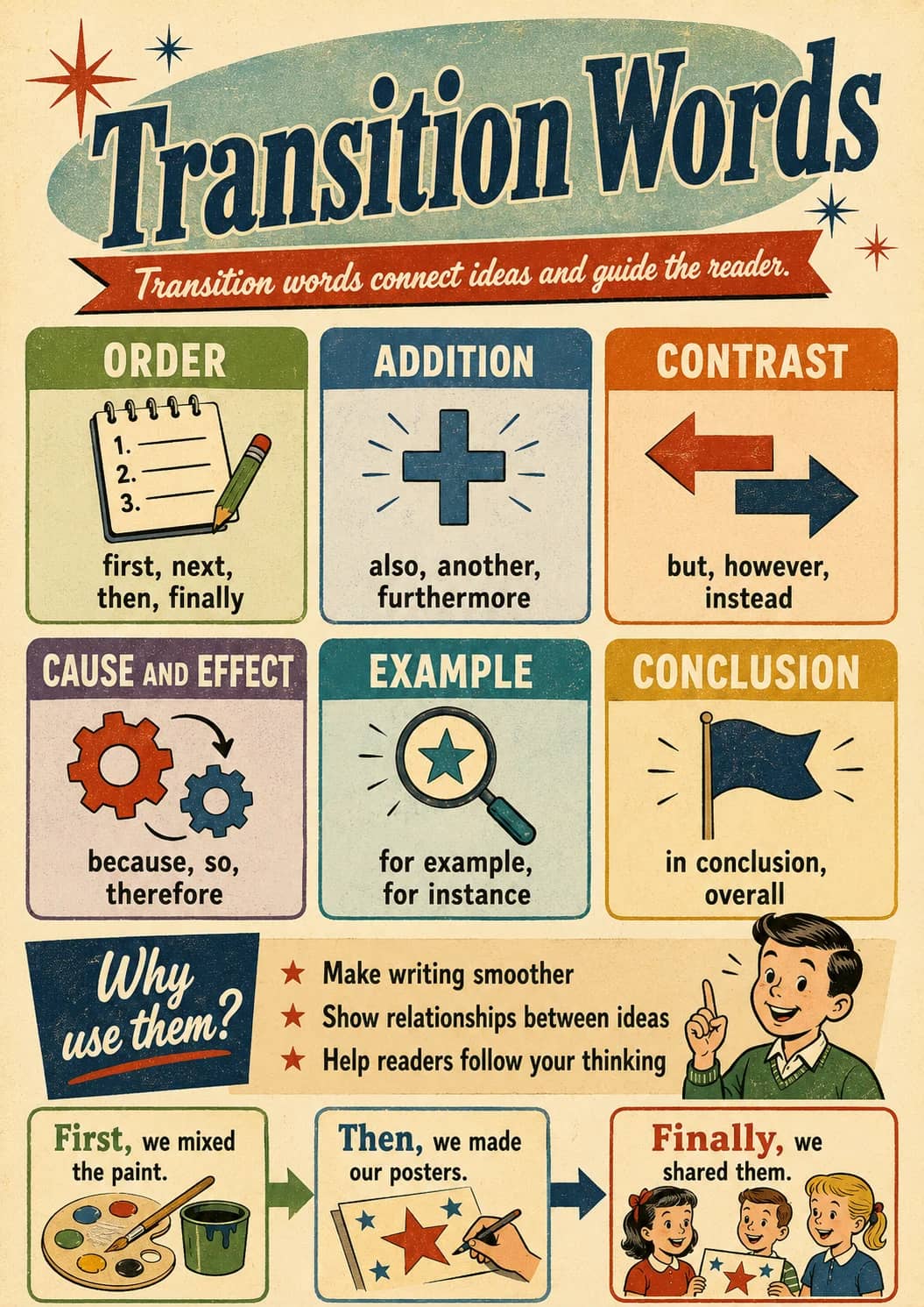 Transition Words infographic poster showing Transition words connect ideas and guide the reader., ORDER, first, next,, then, finally and...