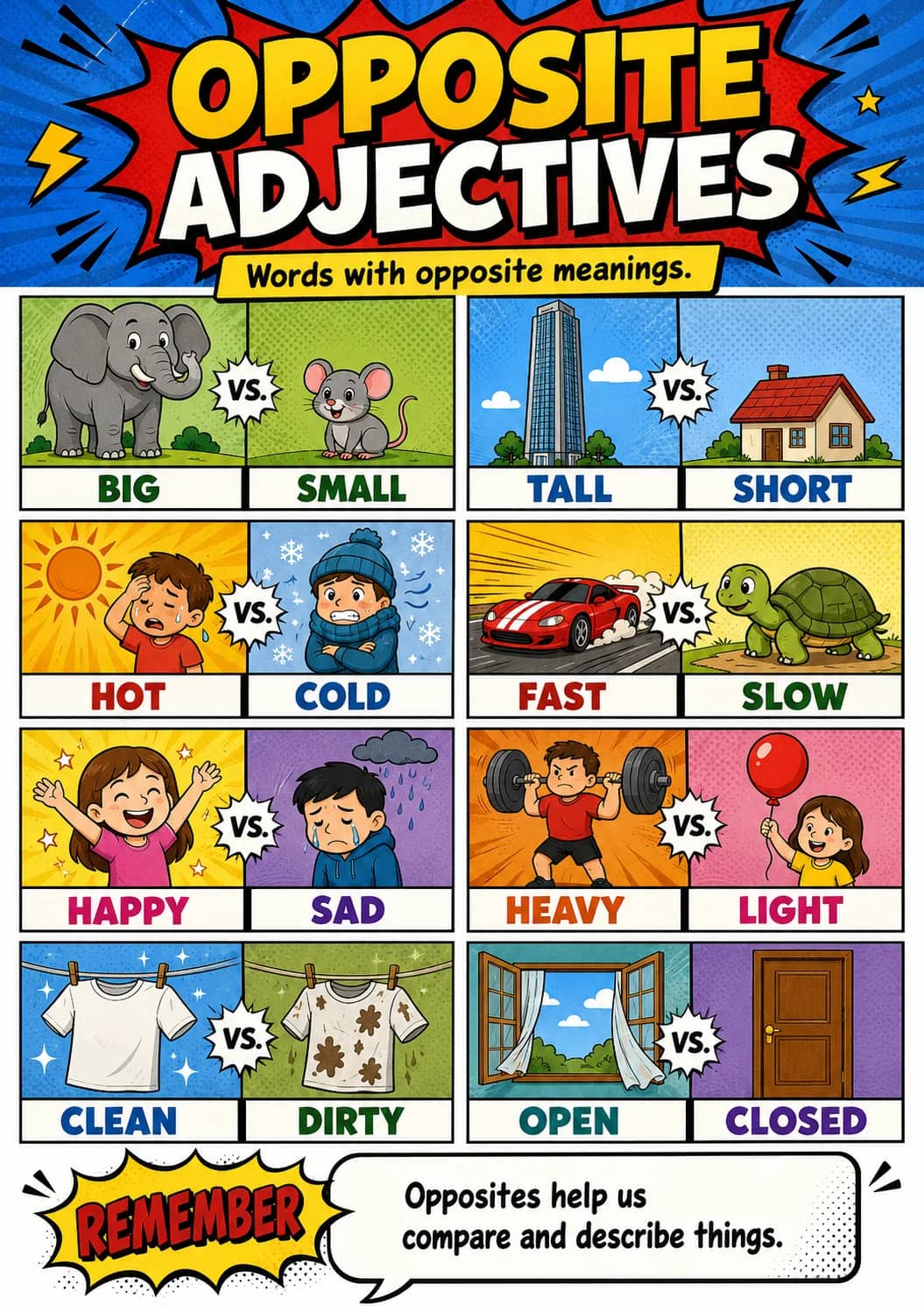 Opposite Adjectives infographic poster showing Words with opposite meanings. and Opposites help us compare and describe things. for...