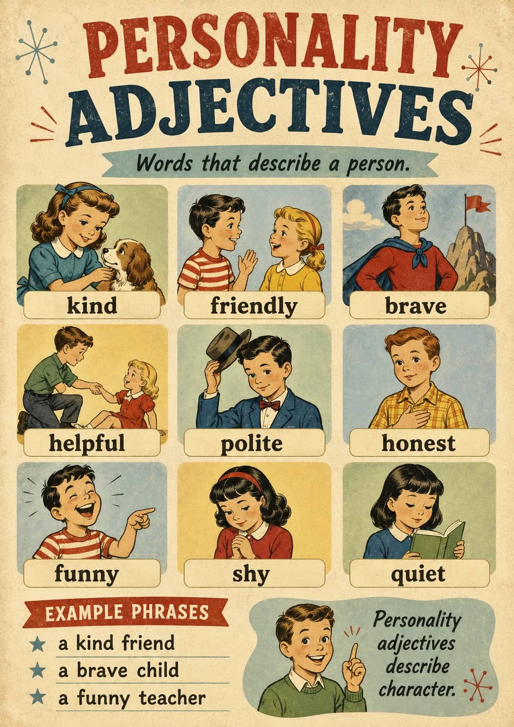 Personality infographic poster showing Words that describe a person., EXAMPLE PHRASES, - a kind friend, - a brave child and - a funny...