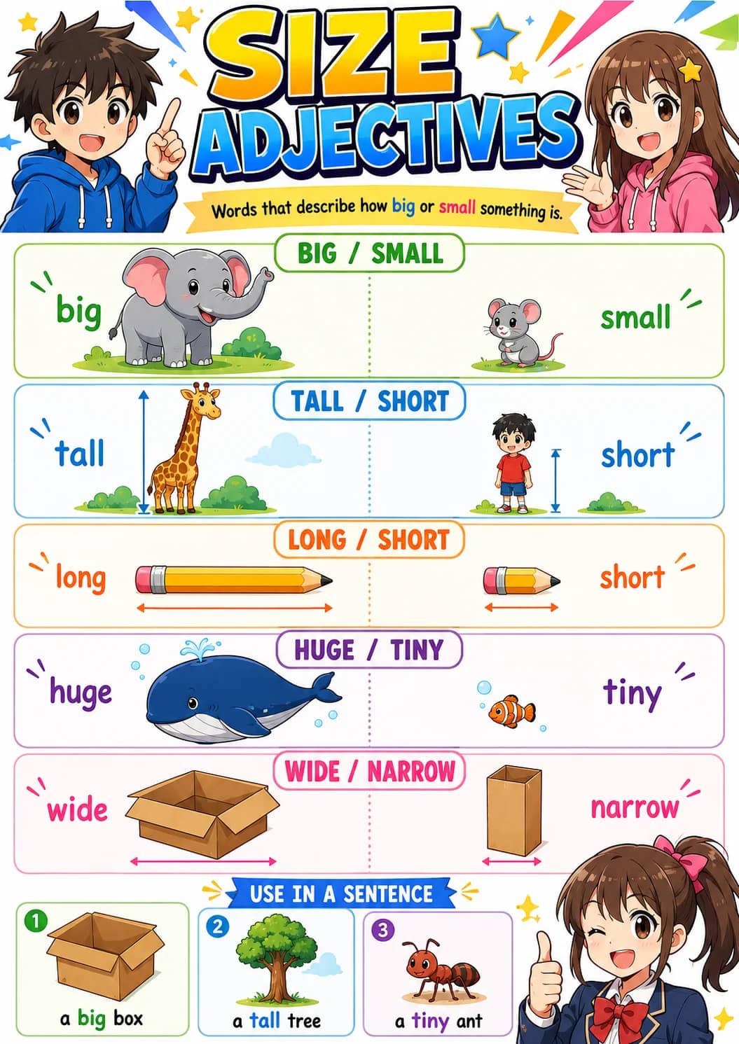 Size Adjectives infographic poster showing Words that describe how big or small something is., BIG / SMALL, big, small and TALL / SHORT...