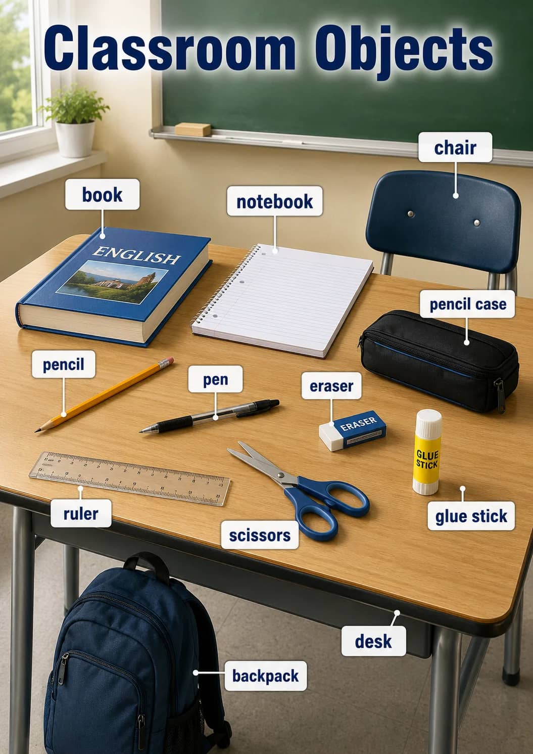Classroom objects infographic poster showing Classroom Objects for Classroom Phrases.
