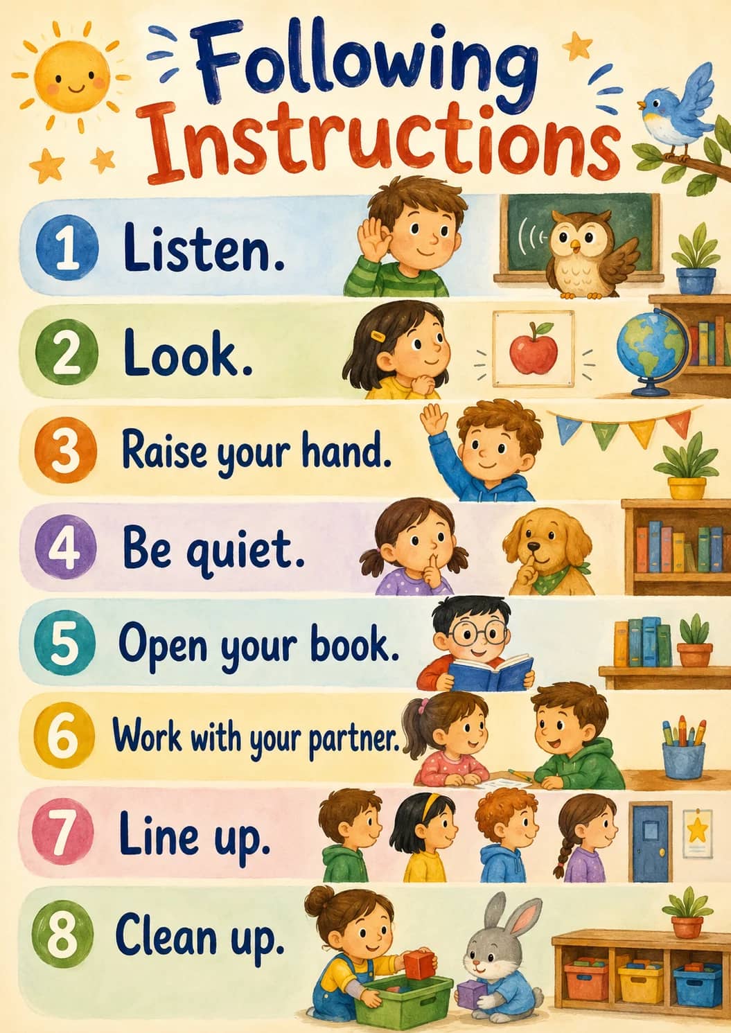 Following instructions infographic poster showing 1. Listen., 2. Look., 3. Raise your hand., 4. Be quiet. and 5. Open your book. for...