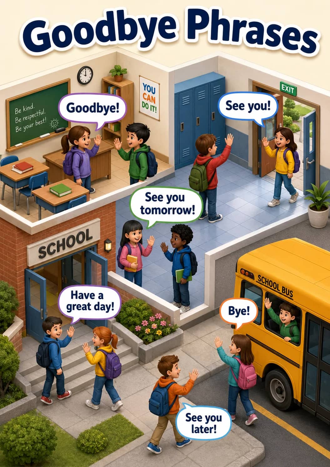 Goodbye phrases infographic poster showing Goodbye Phrases for Classroom Phrases.