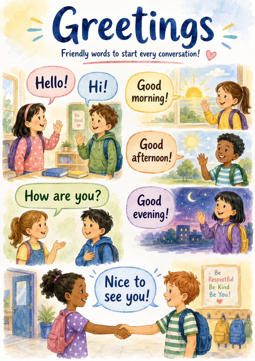 Greetings infographic poster showing Friendly words to start every conversation!, Hello!, Hi!, Good morning! and Good afternoon! for...