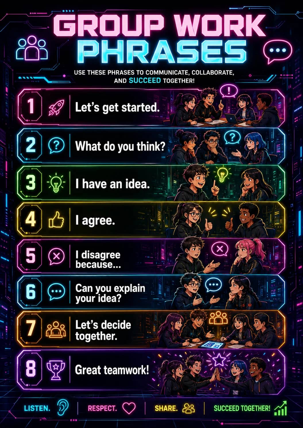 Group work phrases infographic poster showing USE THESE PHRASES TO COMMUNICATE, COLLABORATE, AND SUCCEED TOGETHER!, Let's get started.,...