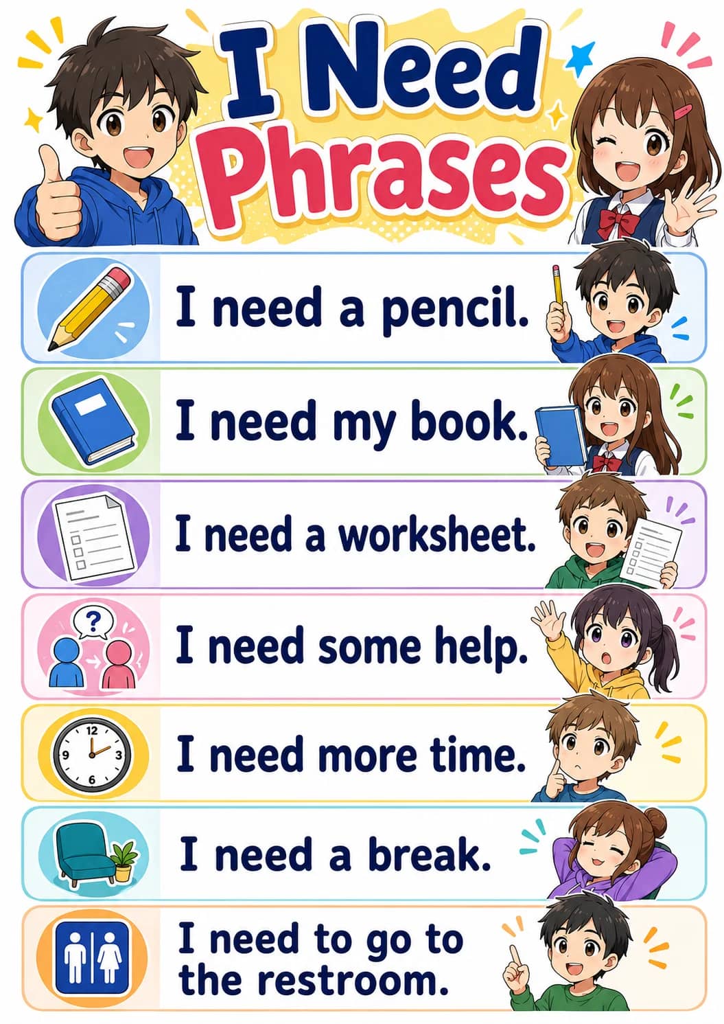 I need phrases infographic poster showing I need a pencil., I need my book., I need a worksheet., I need some help. and I need more time....