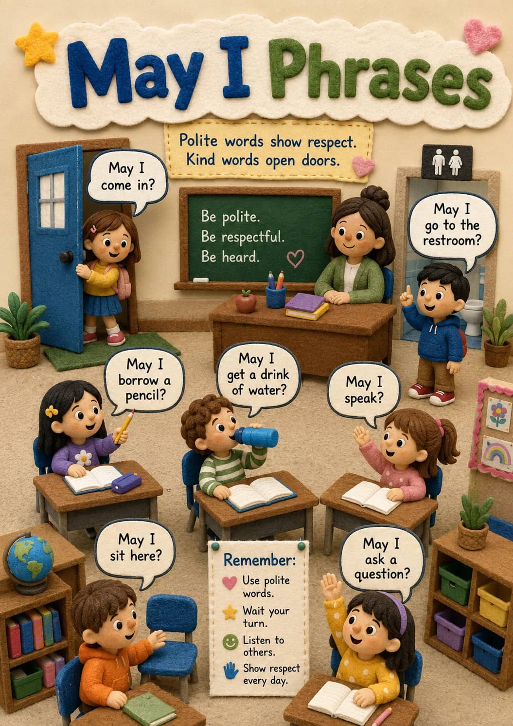 May I phrases infographic poster showing Polite words show respect., Kind words open doors., May I, come in? and Be polite. for Classroom...