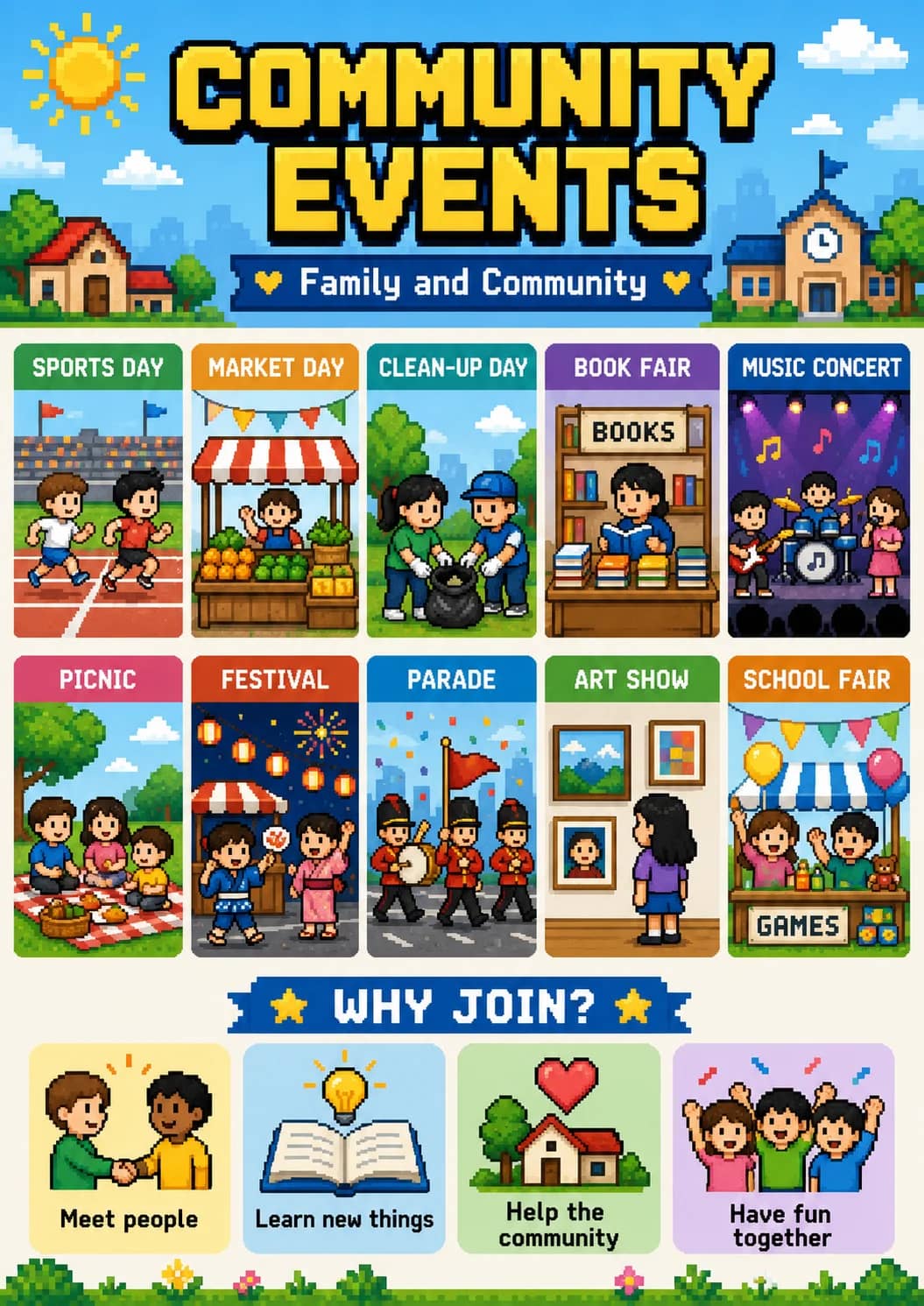 Community Events infographic poster showing ♥ Family and Community ♥, SPORTS DAY, MARKET DAY, CLEAN-UP DAY and BOOK FAIR for Family and...
