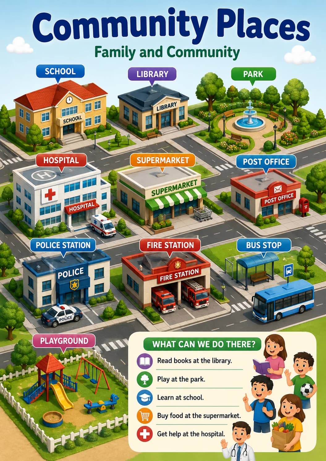 Community Places infographic poster showing WHAT CAN WE DO THERE?, - Read books at the library., - Play at the park., - Learn at school....