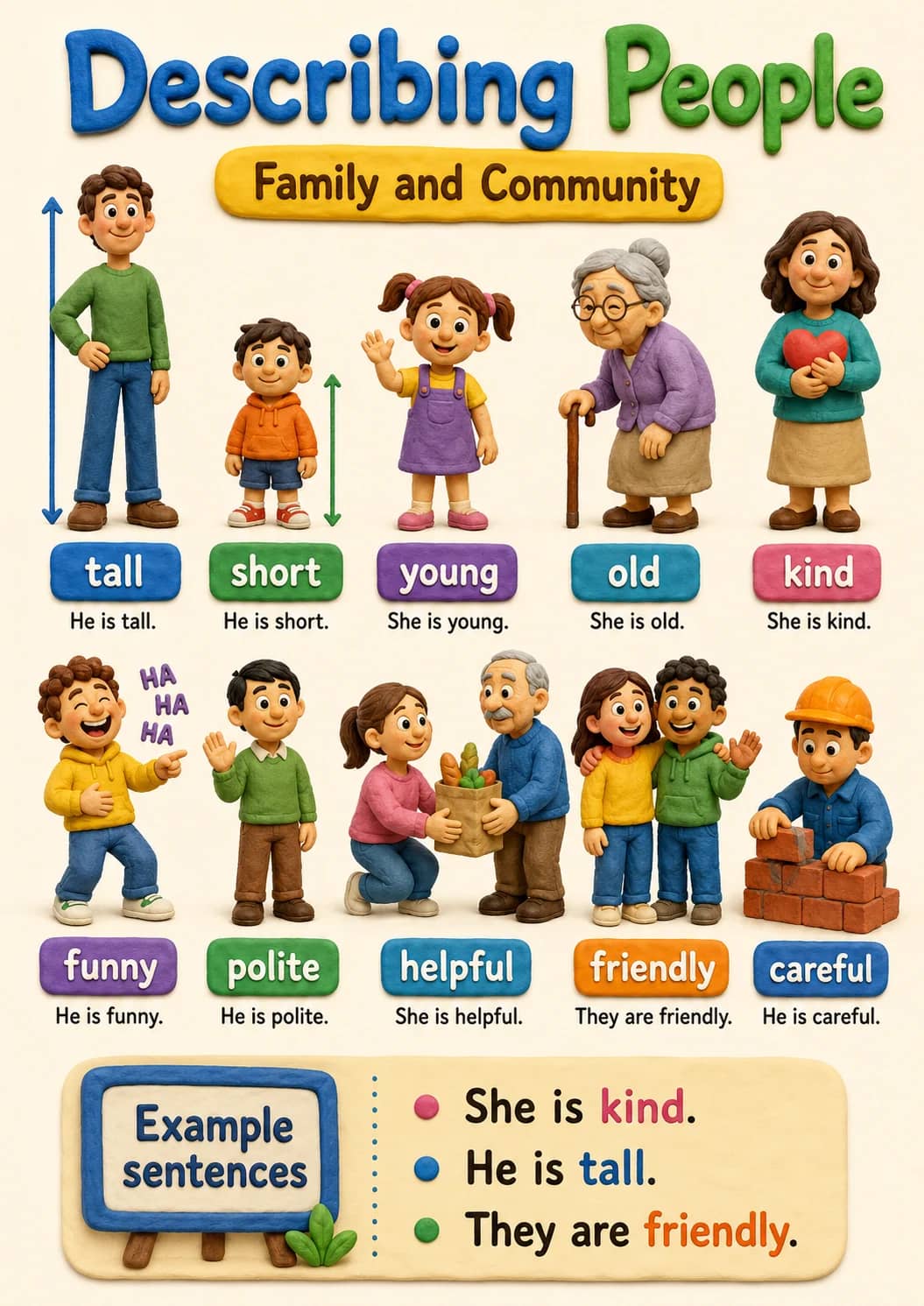 Describing People infographic poster showing tall, He is tall., short, He is short. and young for Family and Community.