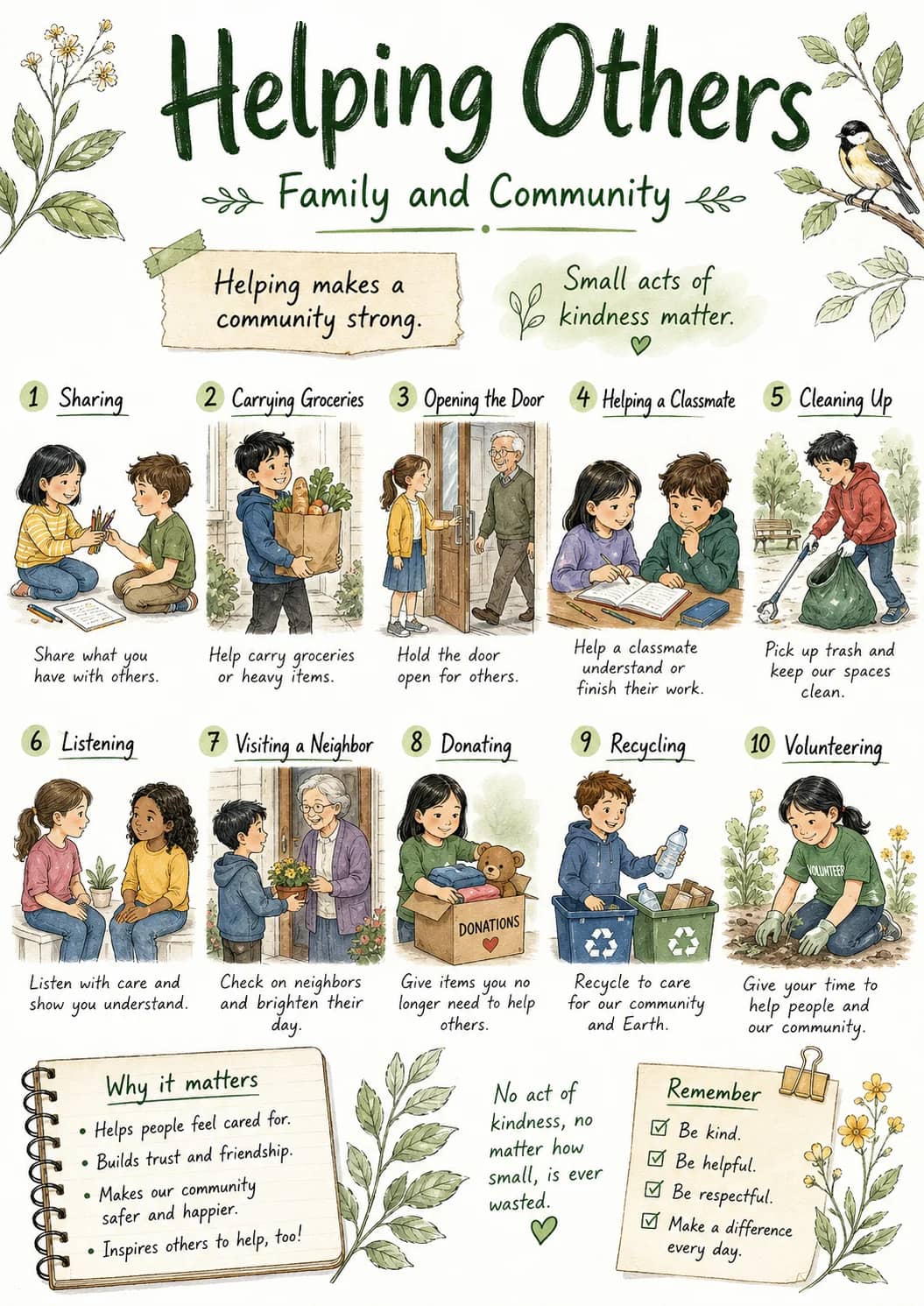 Helping Others infographic poster showing Helping makes a community strong., Small acts of kindness matter., 1 Sharing, Share what you...
