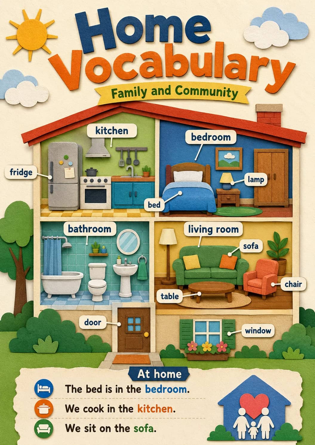 Home Vocabulary infographic poster showing fridge, kitchen, bedroom, lamp and bed for Family and Community.